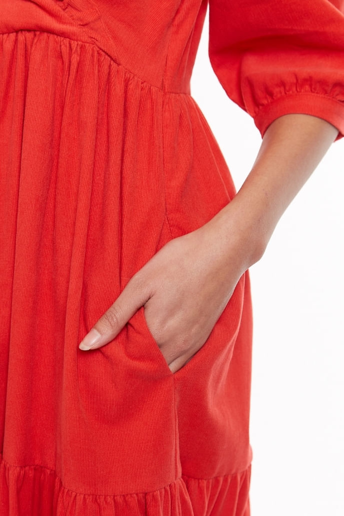 Louche Abeline Baby Cord V Neck Tie Midi Dress