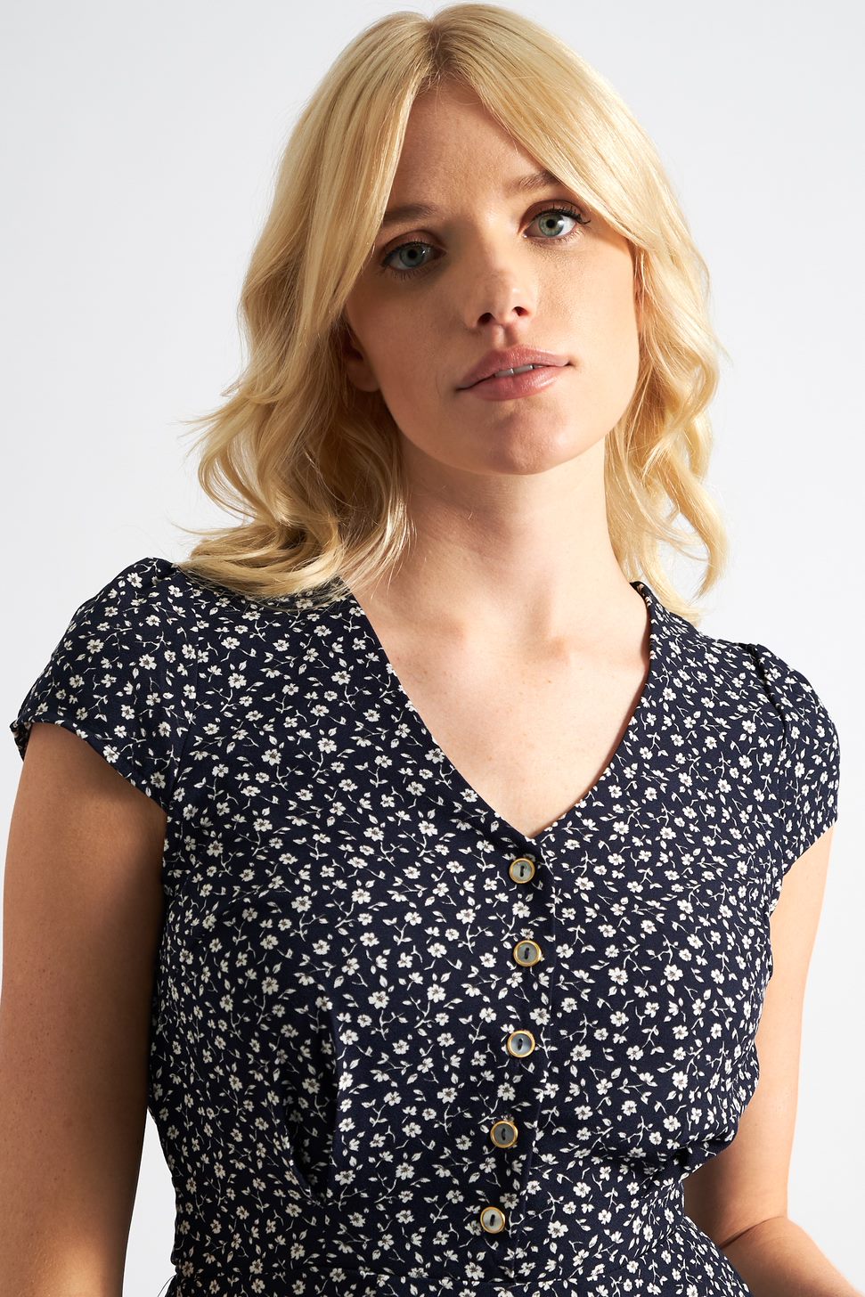 Cathleen Mini Forget Me Not Print Tea Dress Navy - Detail 1