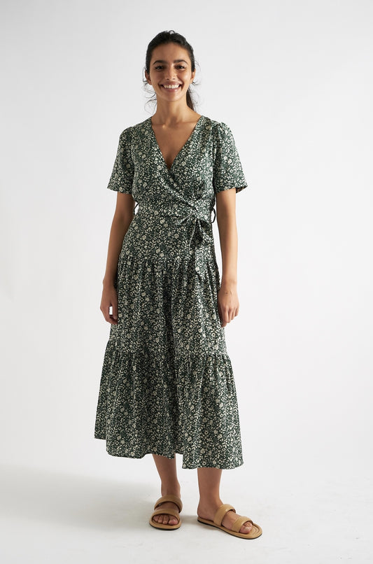 Emin Floral Print Tiered Midi Dress Green
