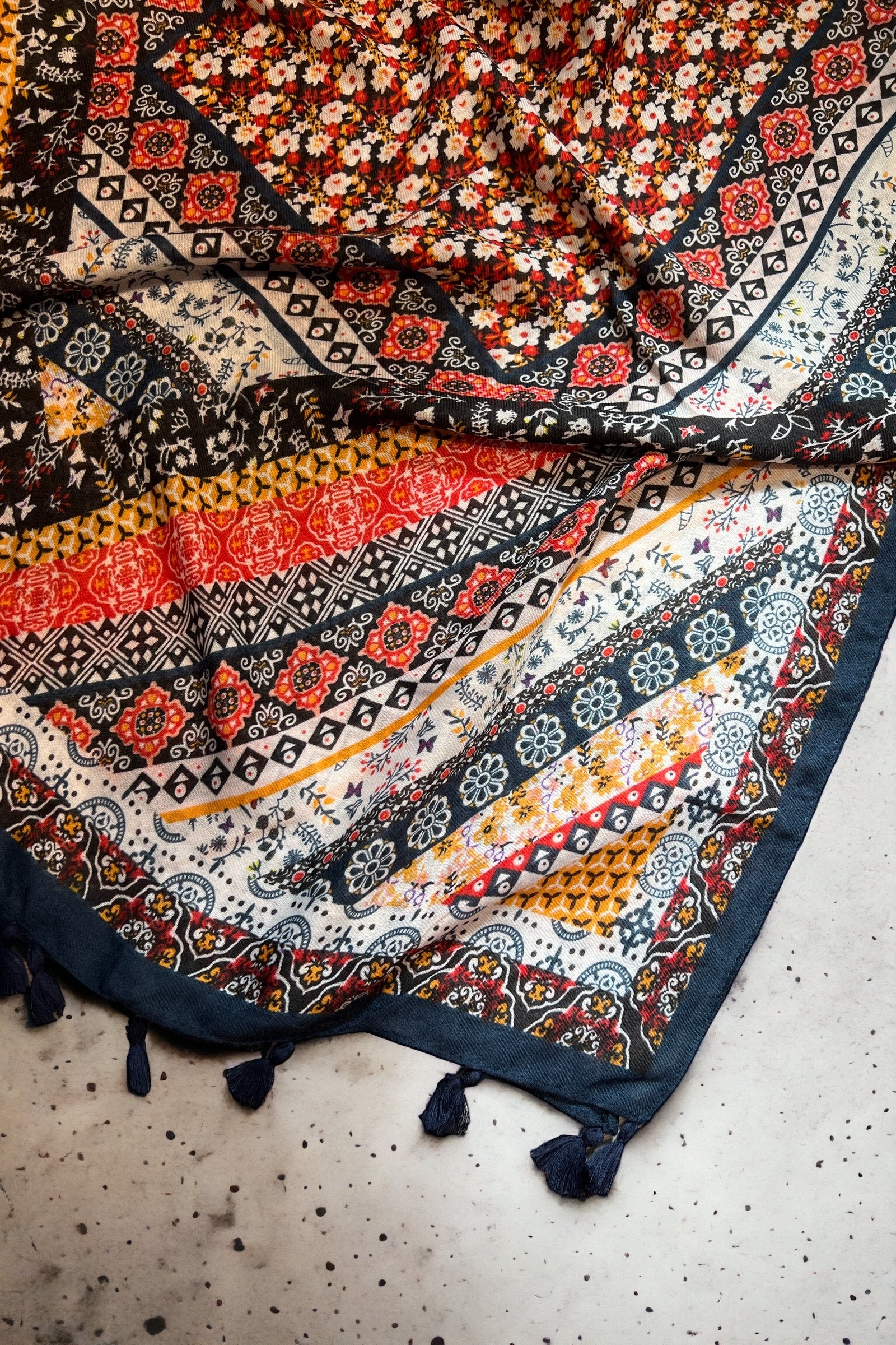 Weston Boho Floral Scarf in Red and Navy - Styled