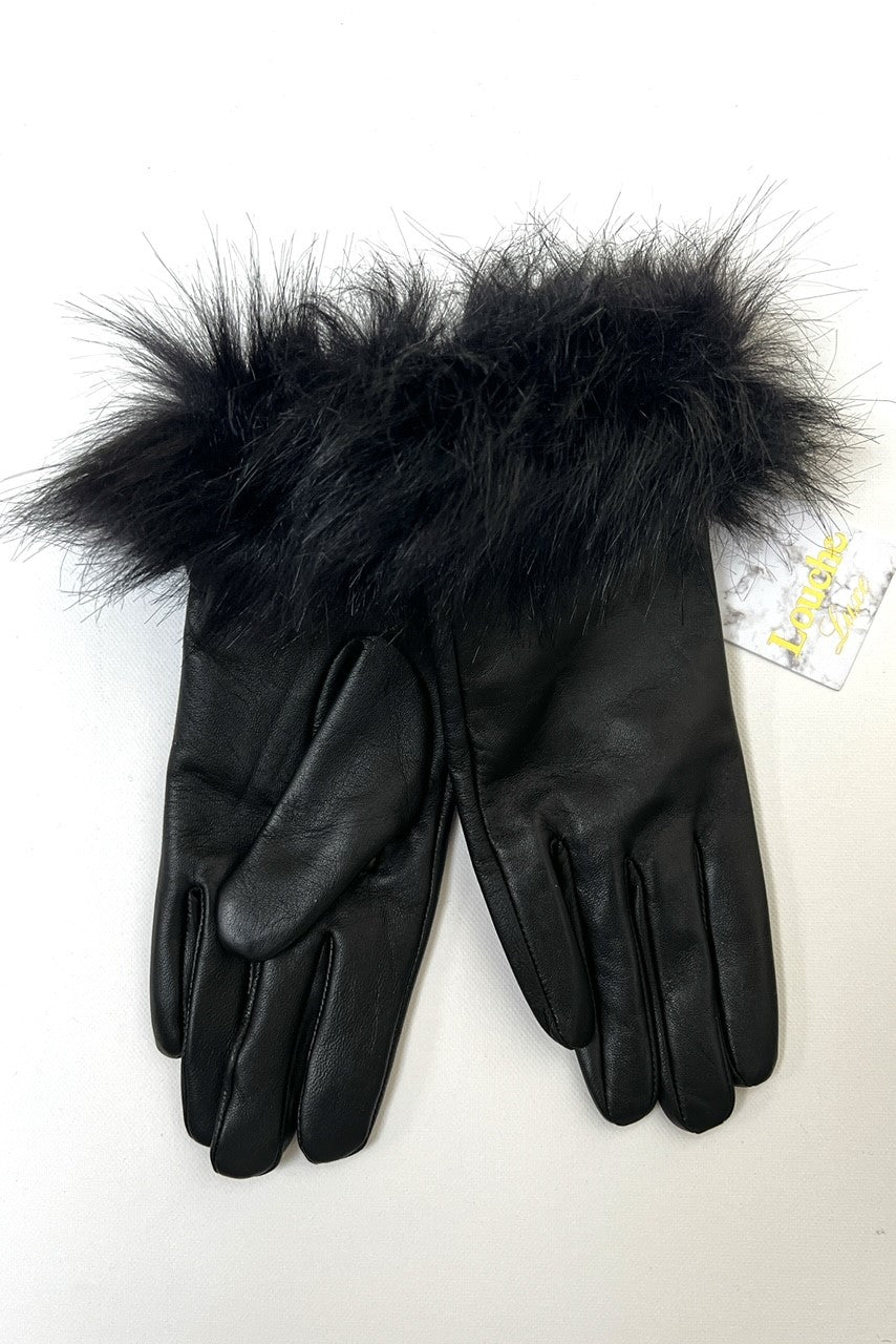 Isla Black Leather Cuffed Faux Fur Gloves