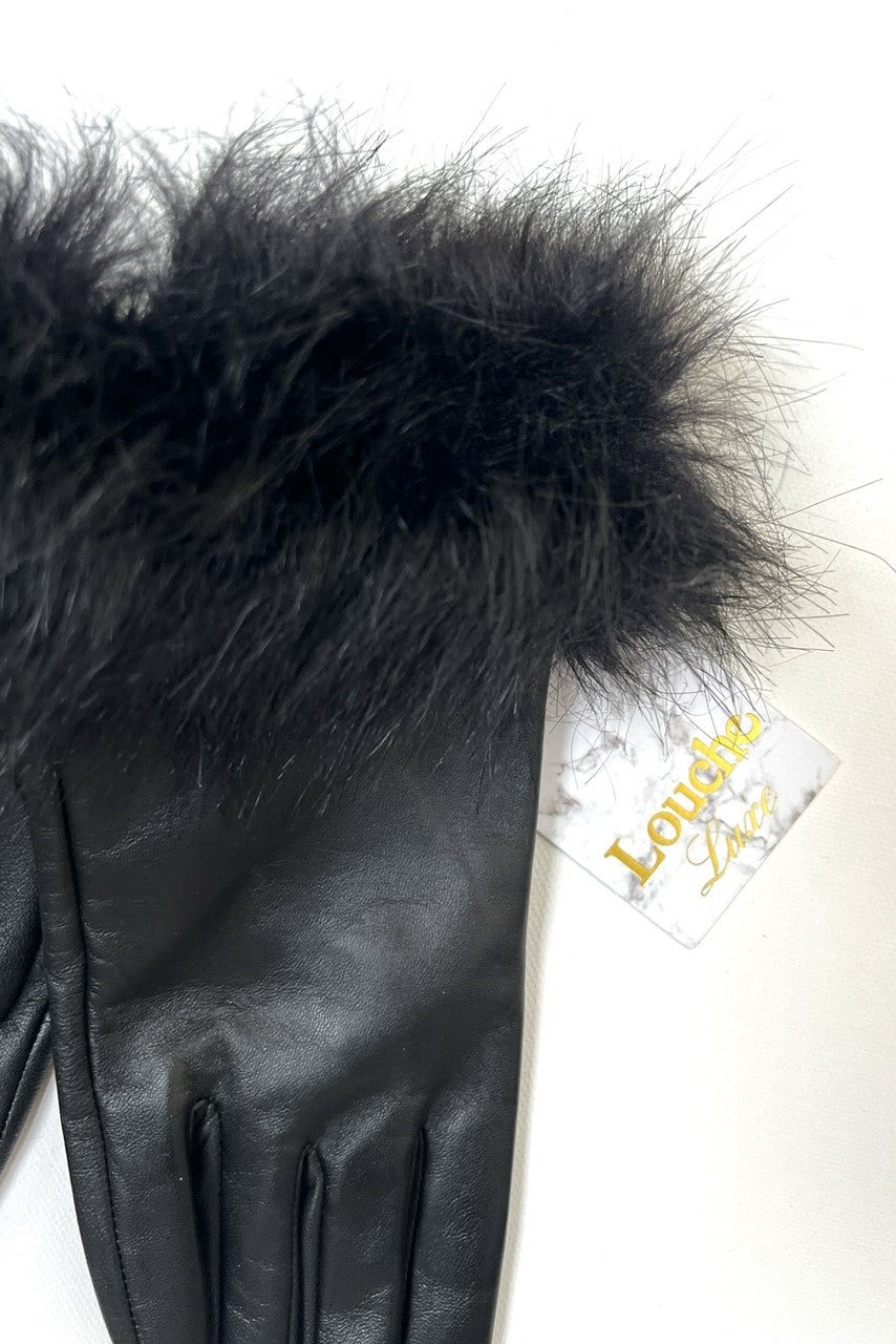 Isla Black Leather Cuffed Faux Fur Gloves