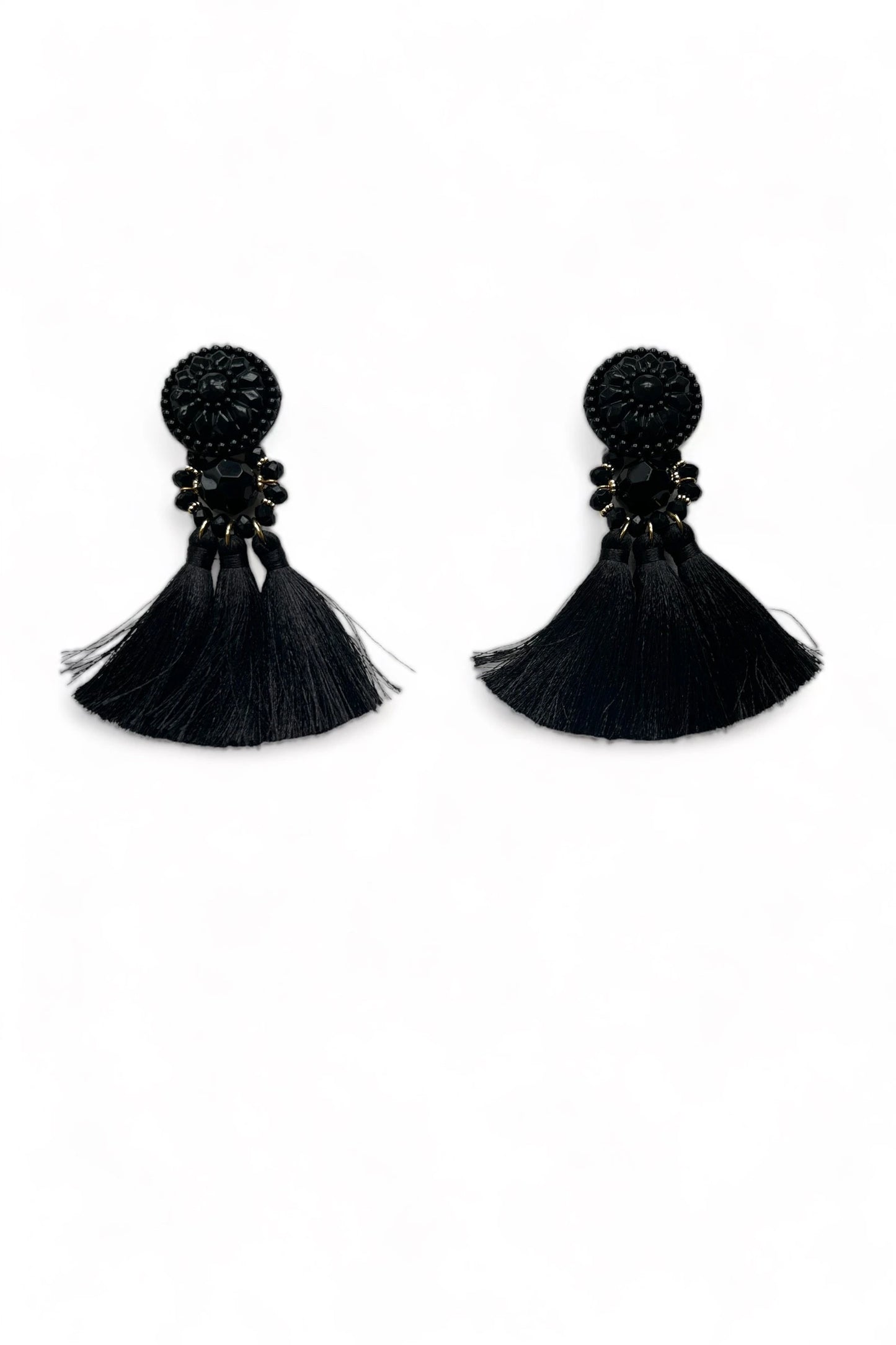Tabitha Bead and Tassel Black Drop Earrings