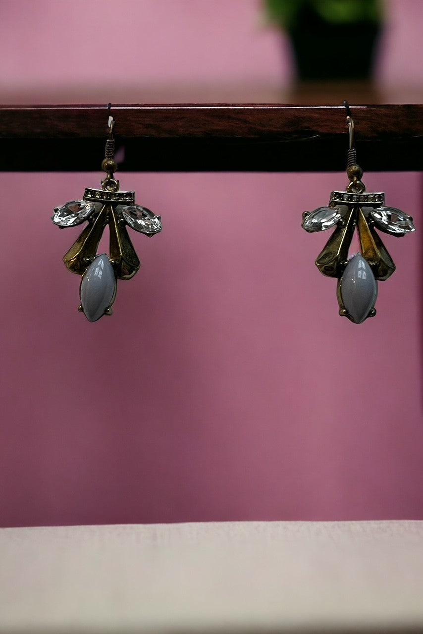 Blue Antique Gold Crystal Drop Earrings