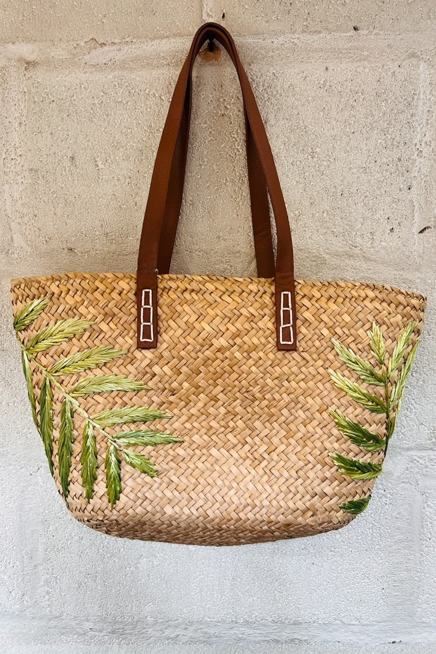 Anya Straw Embroidered Palm Leaf Tote Bag