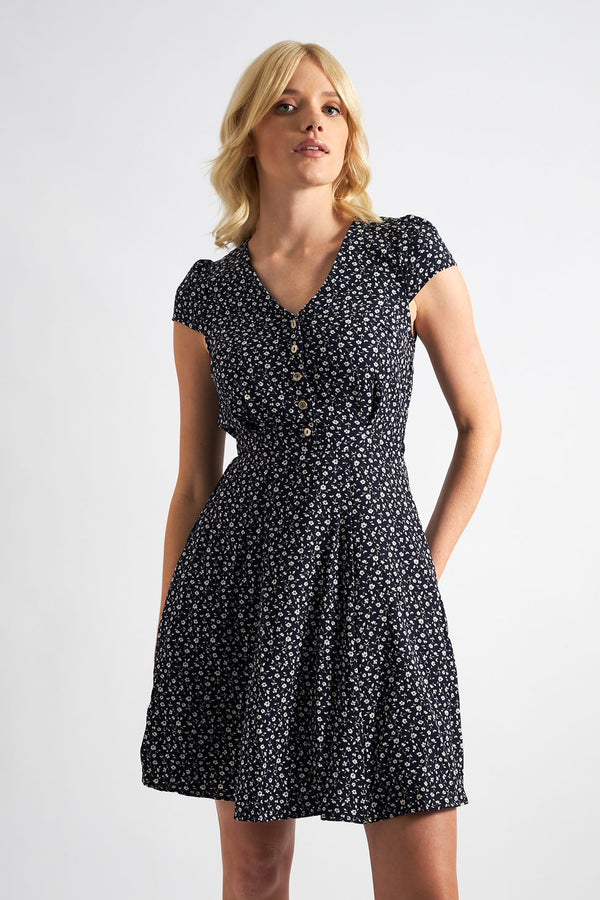 Cathleen Mini Forget Me Not Print Tea Dress Navy - Front