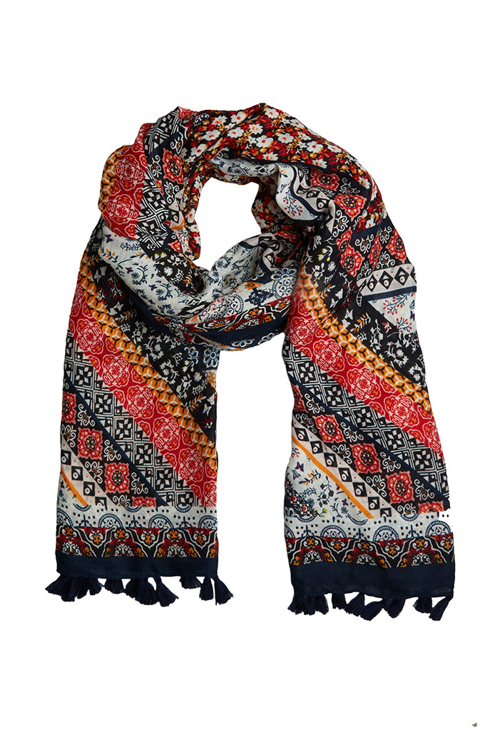 Weston Boho Floral Scarf in Red and Navy