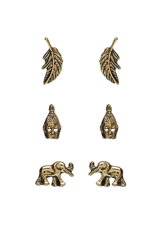 Wilder 3 Pack Elephant Tribal Gold Stud Earrings