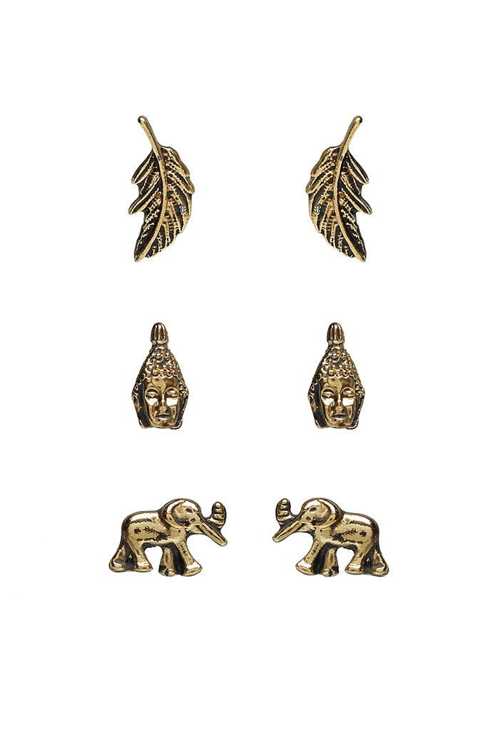 Wilder 3 Pack Elephant Tribal Gold Stud Earrings