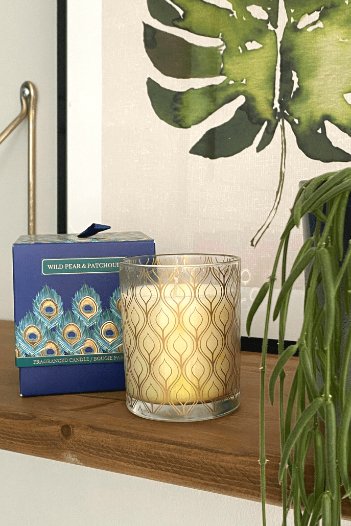 Wild Pear And Patchouli Scented Peacock Design Candle - Styled