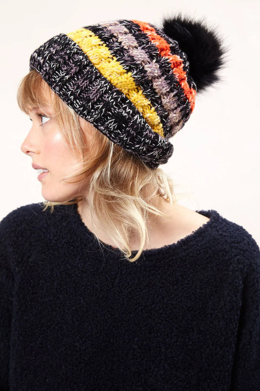 Louche Orla Striped Knitted Beanie With Faux Fur Bobble - Black