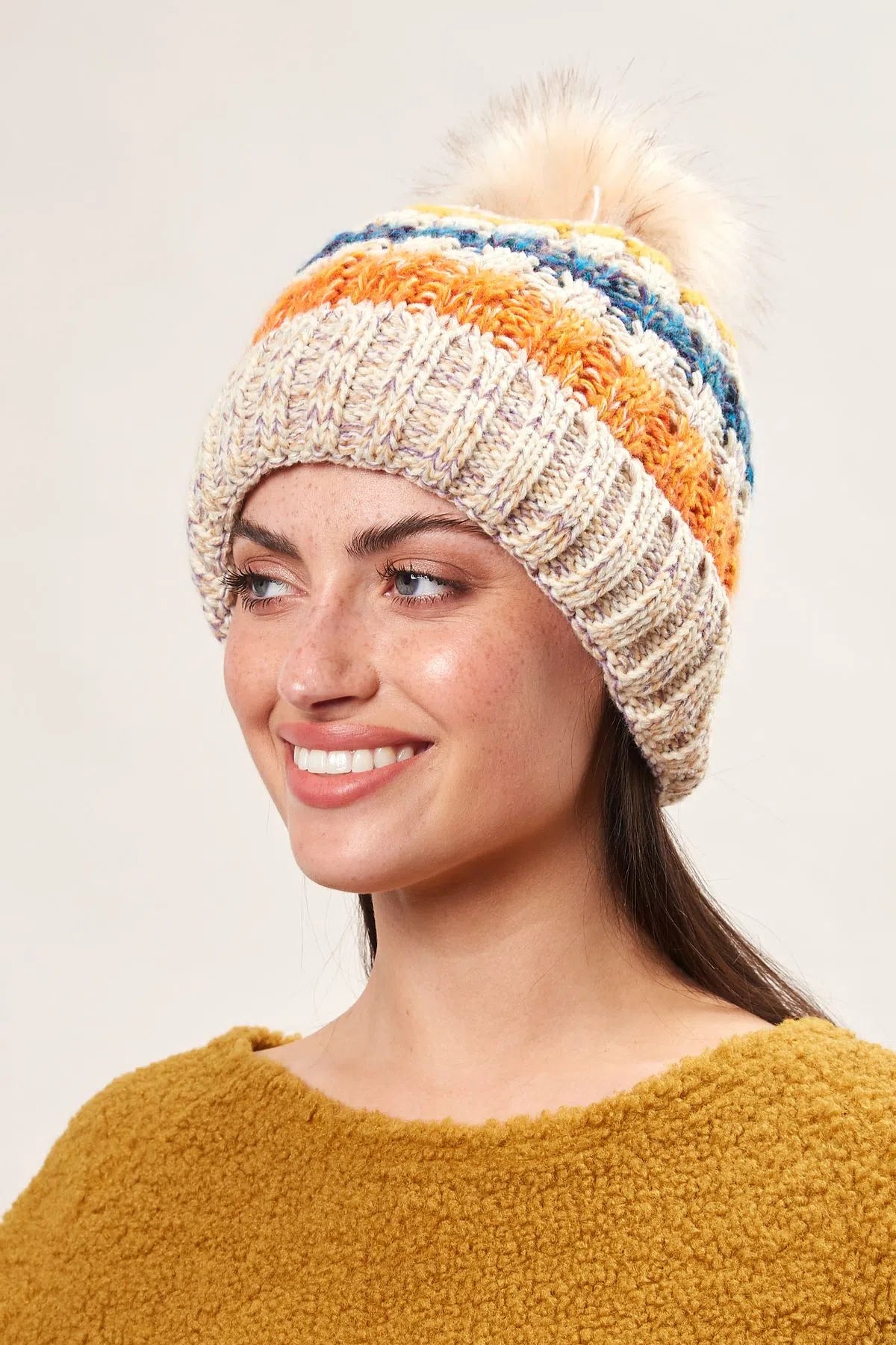 Louche Orla Striped Knitted Beanie With Faux Fur Bobble - White - Detail 1
