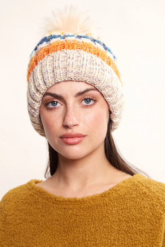 Louche Orla Striped Knitted Beanie With Faux Fur Bobble - White