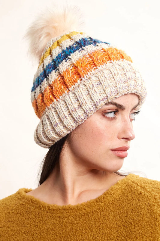 Louche Orla Striped Knitted Beanie With Faux Fur Bobble - White