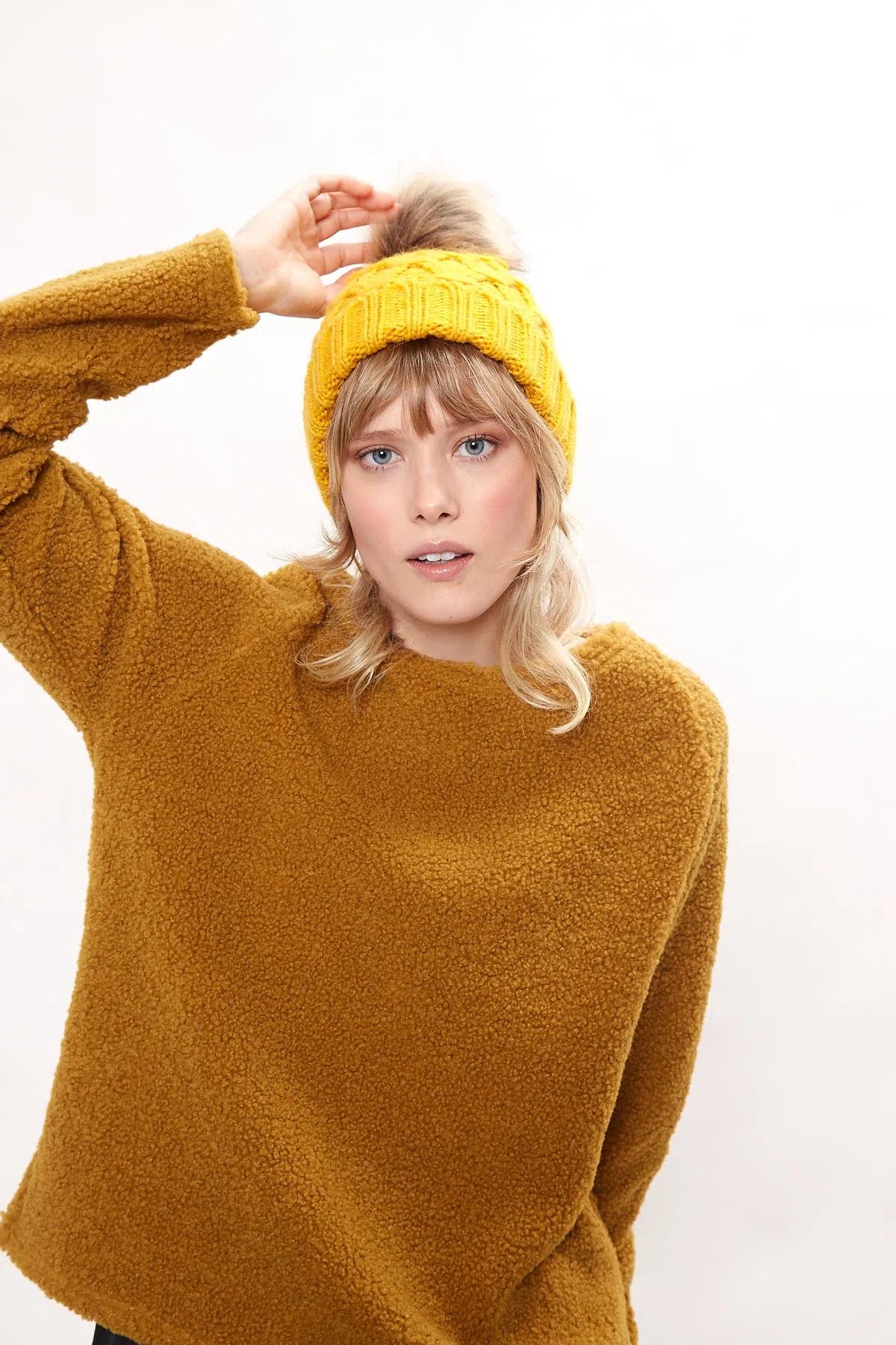 Louche Shauna Cable Knitted Beanie With Faux Fur Bobble - Mustard - Detail 1