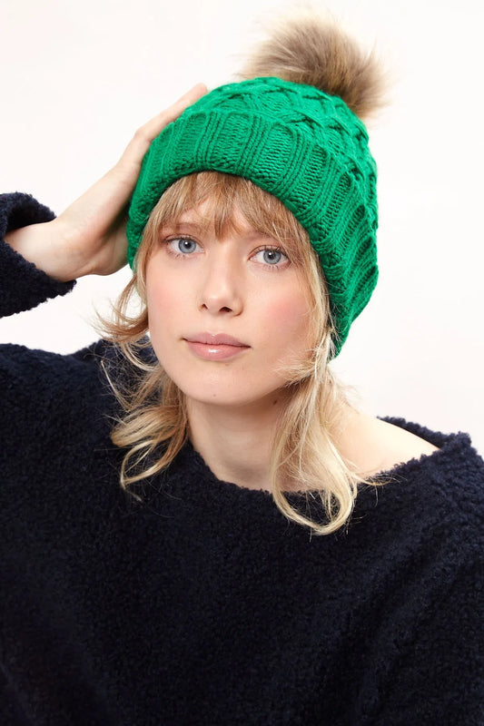 Louche Shauna Cable Knitted Beanie With Faux Fur Bobble - Green