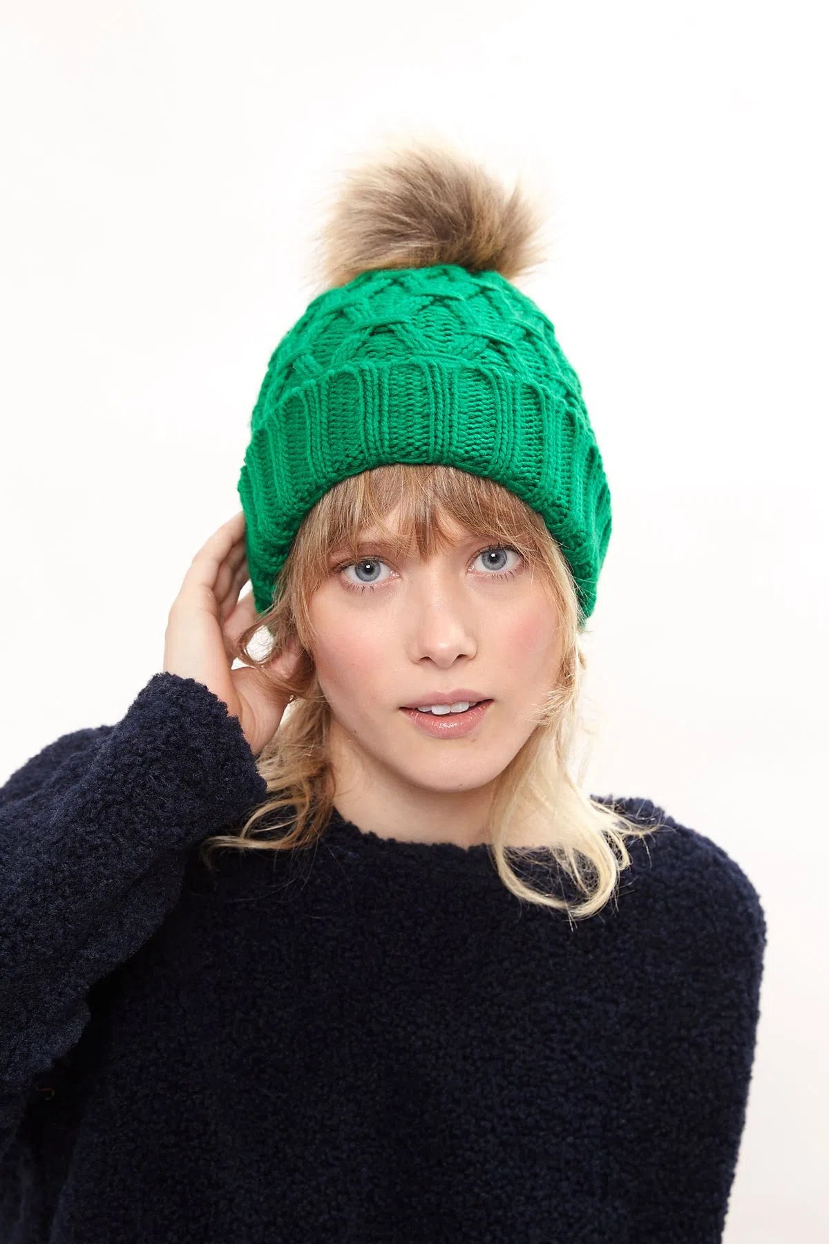 Louche Shauna Cable Knitted Beanie With Faux Fur Bobble - Green - Detail 1
