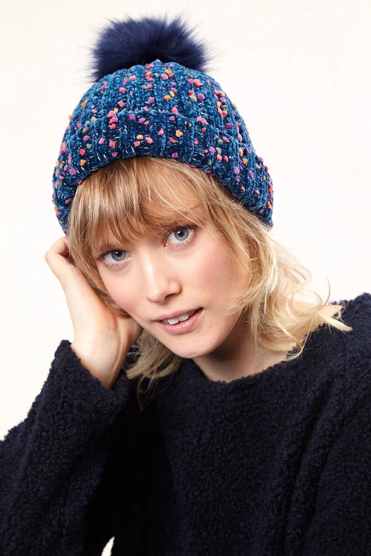 Louche Shannon Knitted Nep Beanie With Faux Fur Bobble - Navy