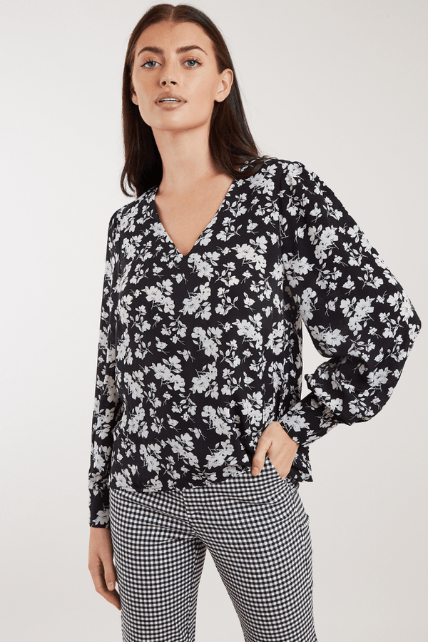 Louche Bindy Mono Sprig Print V Neck Long Sleeve Blouse - Front