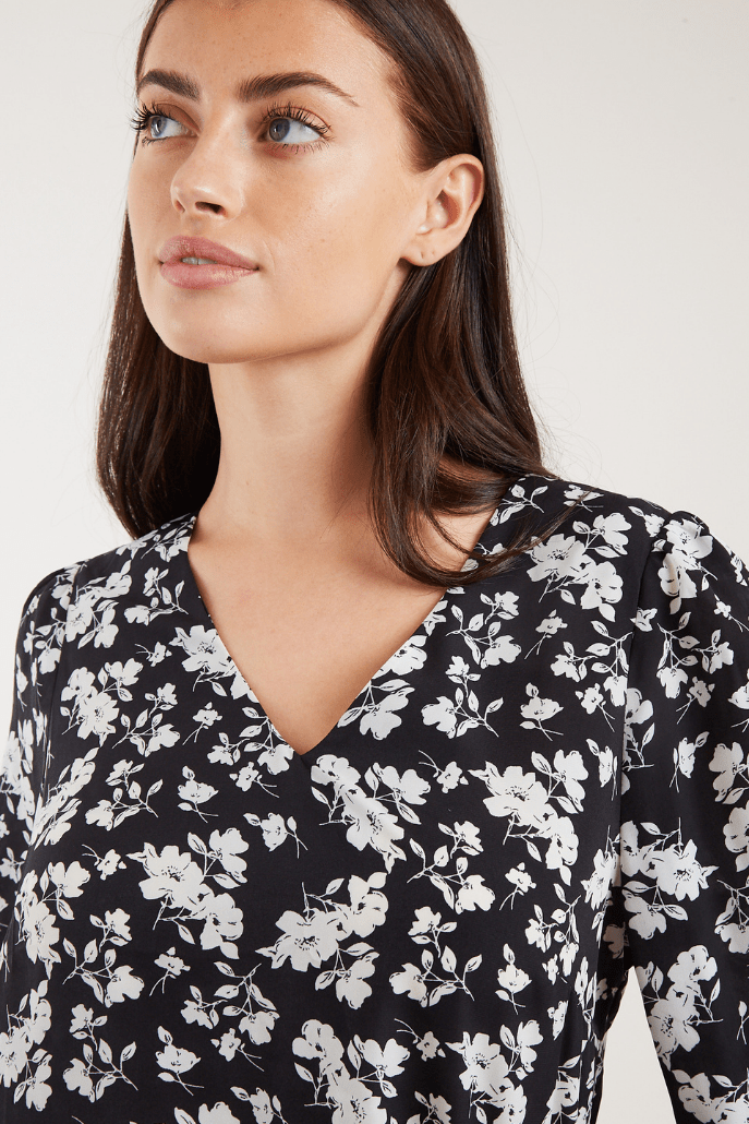 Louche Bindy Mono Sprig Print V Neck Long Sleeve Blouse - Detail 1