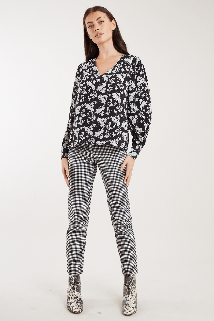 Louche Bindy Mono Sprig Print V Neck Long Sleeve Blouse - Styled