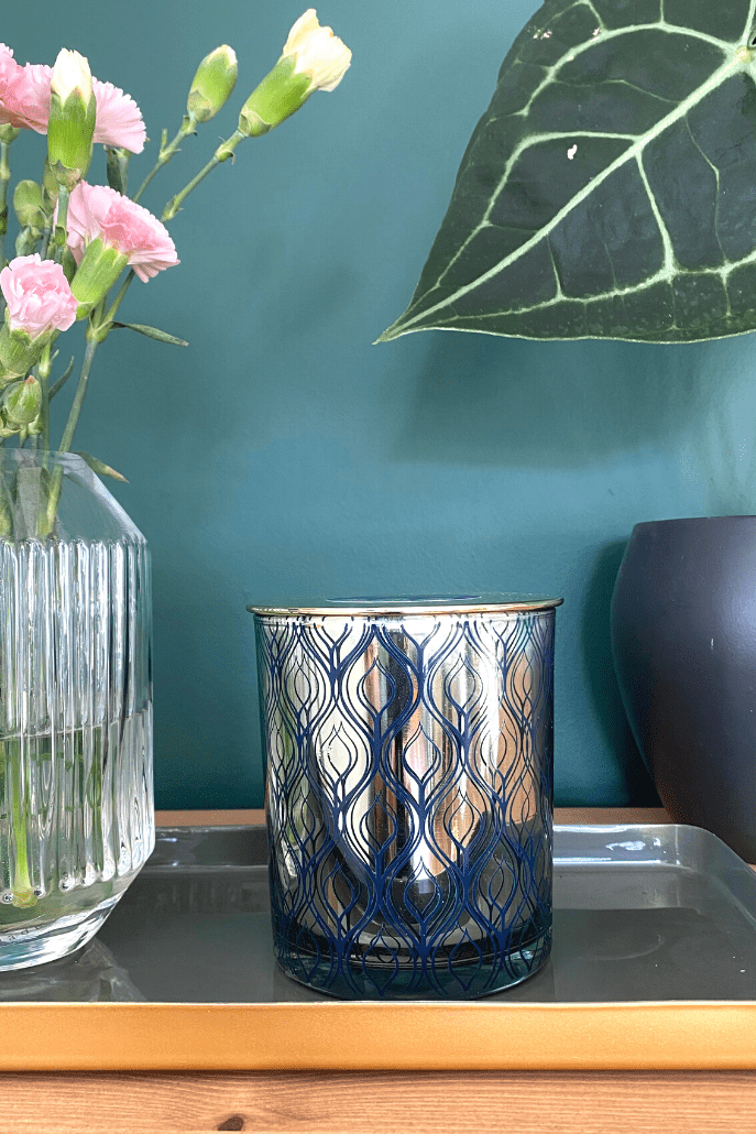 Wild Pear And Patchouli Scented Peacock Design Candle With Lid - Styled