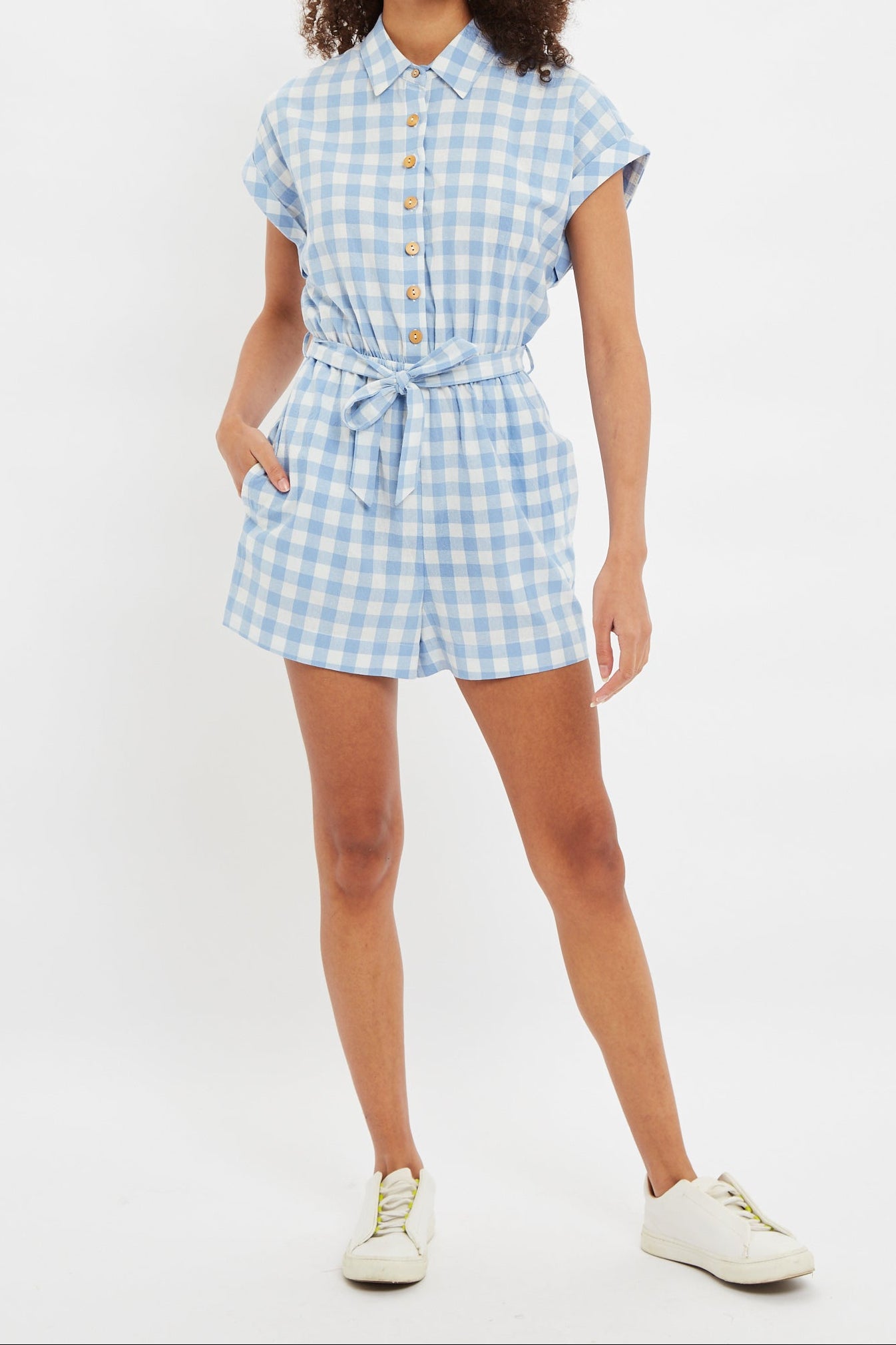 Louche Addie Picnic Check Playsuit In Blue - Detail 3