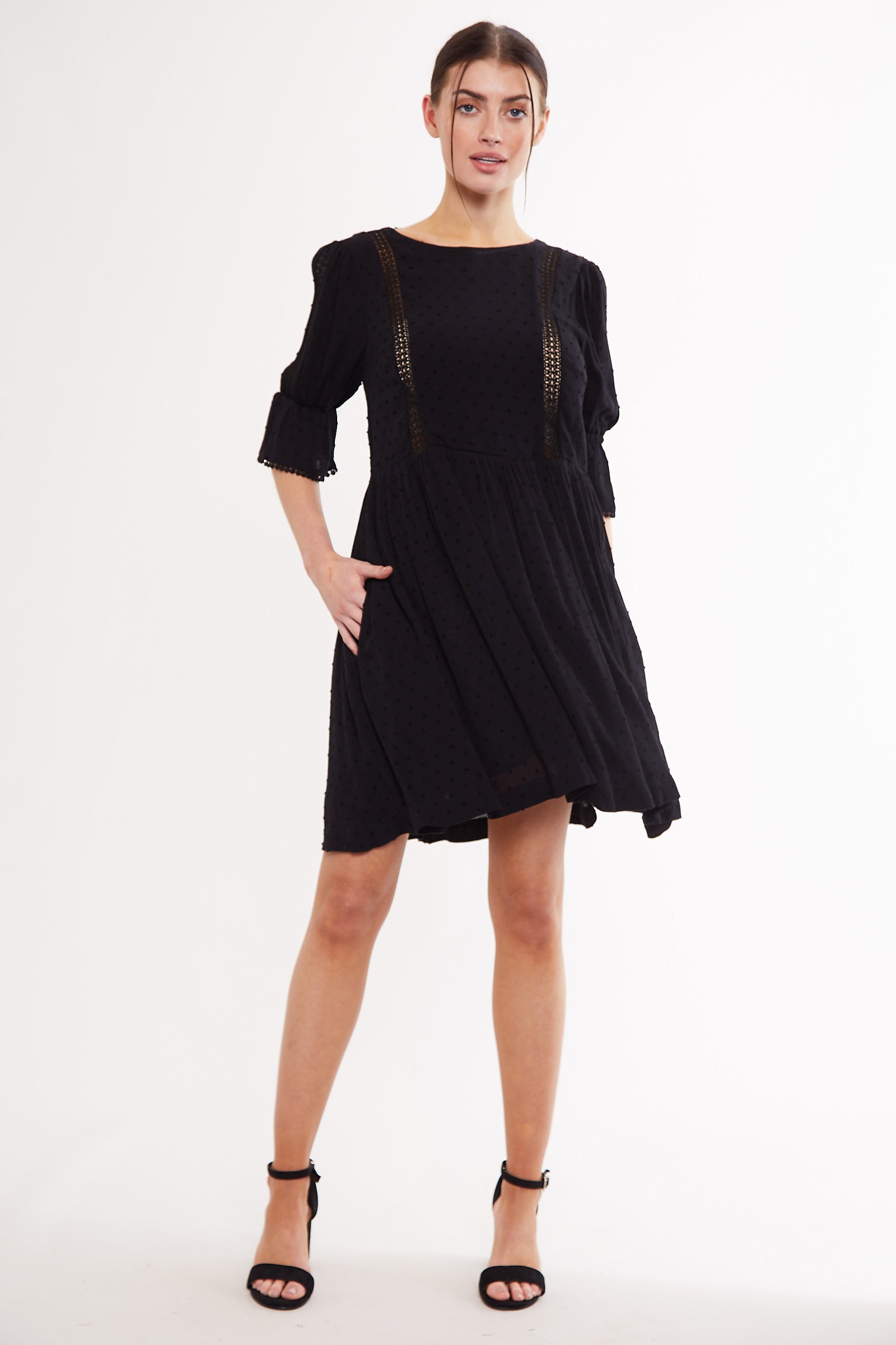 Louche Amarine Self Dot Square Back 3/4 Sleeve Mini Dress Black