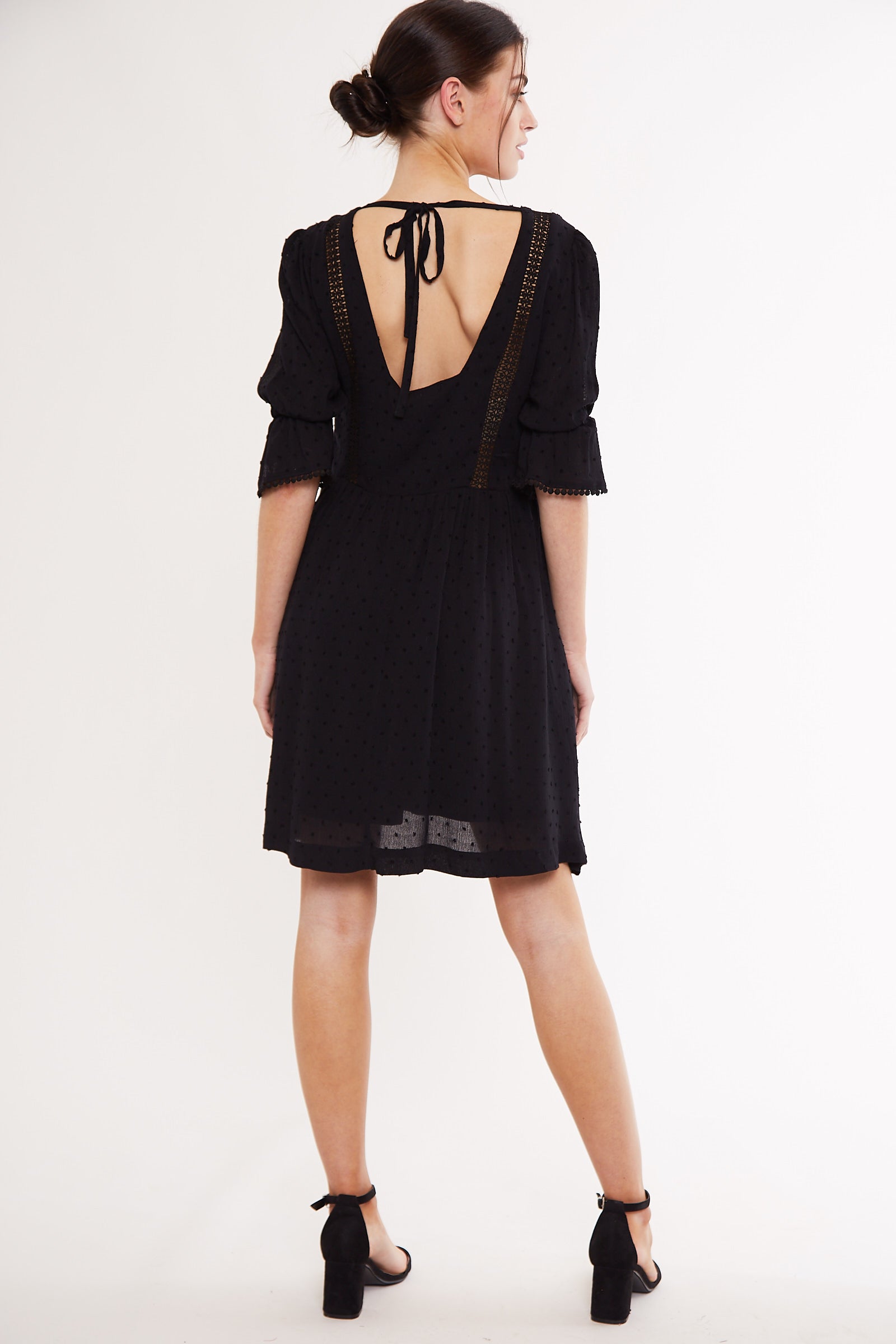 Louche Amarine Self Dot Square Back 3/4 Sleeve Mini Dress Black