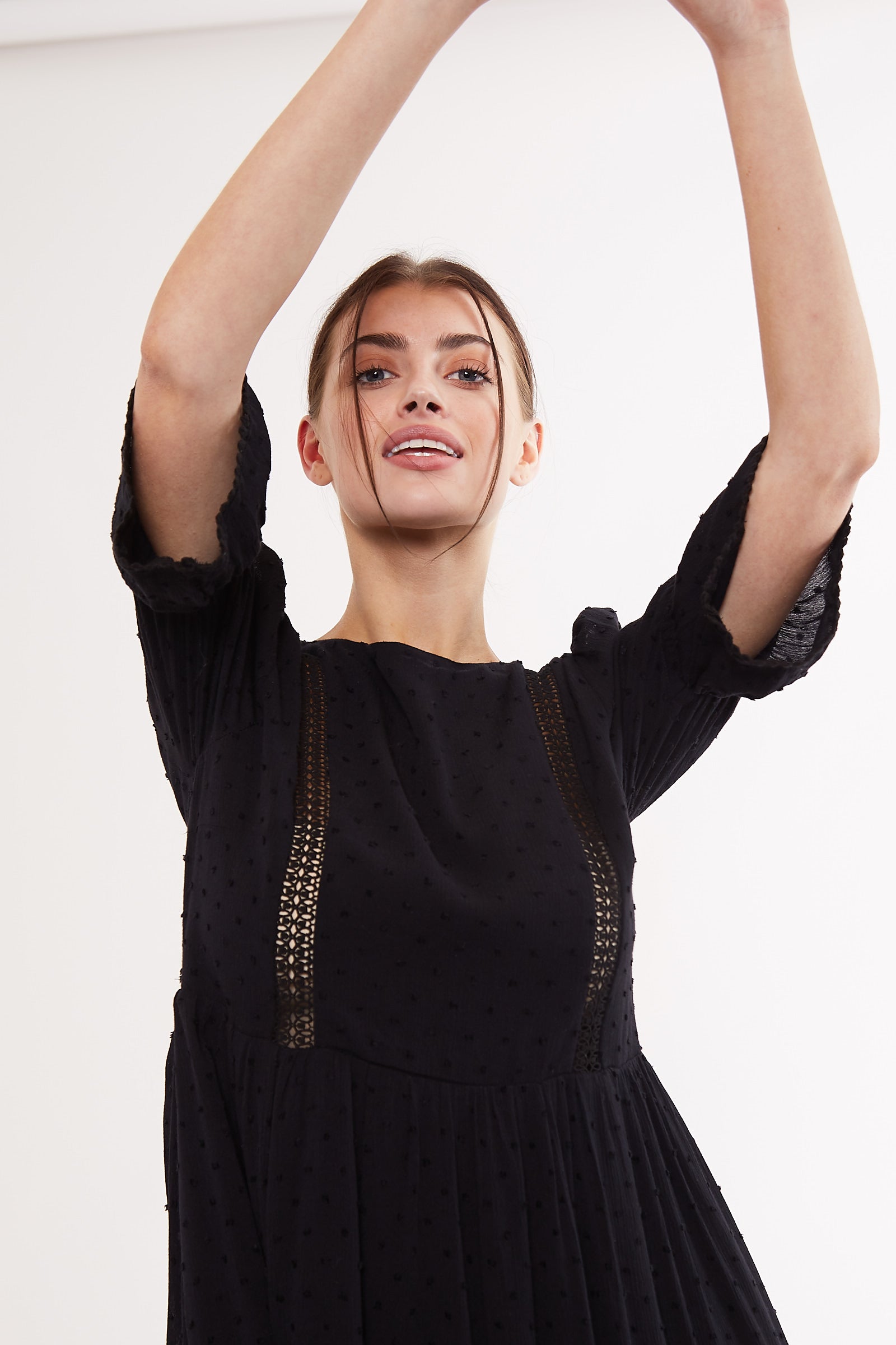 Louche Amarine Self Dot Square Back 3/4 Sleeve Mini Dress Black - Styled