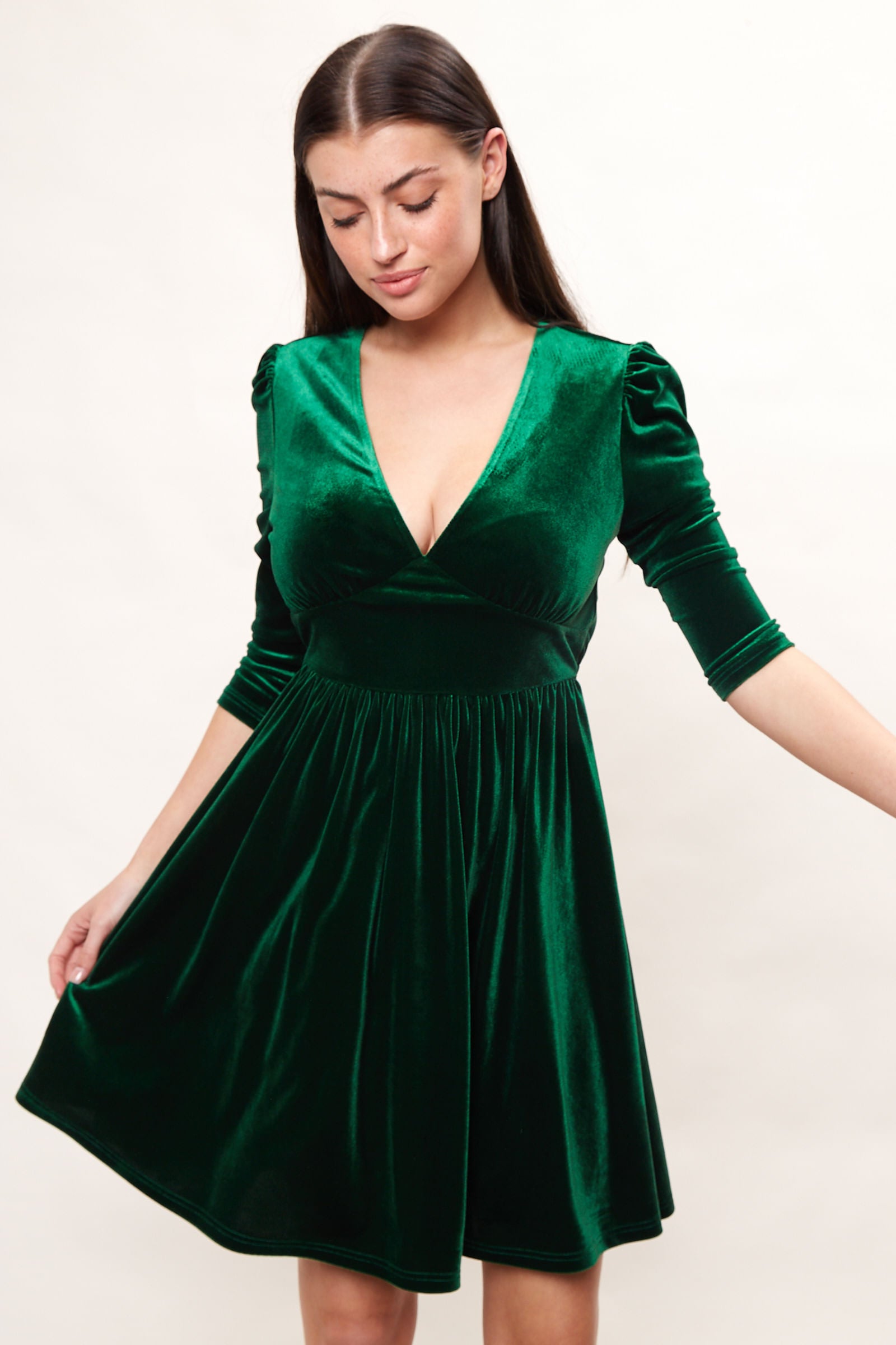 Annalise Velvet V Neck Fit And Flare Mini Dress - Green - Detail 3