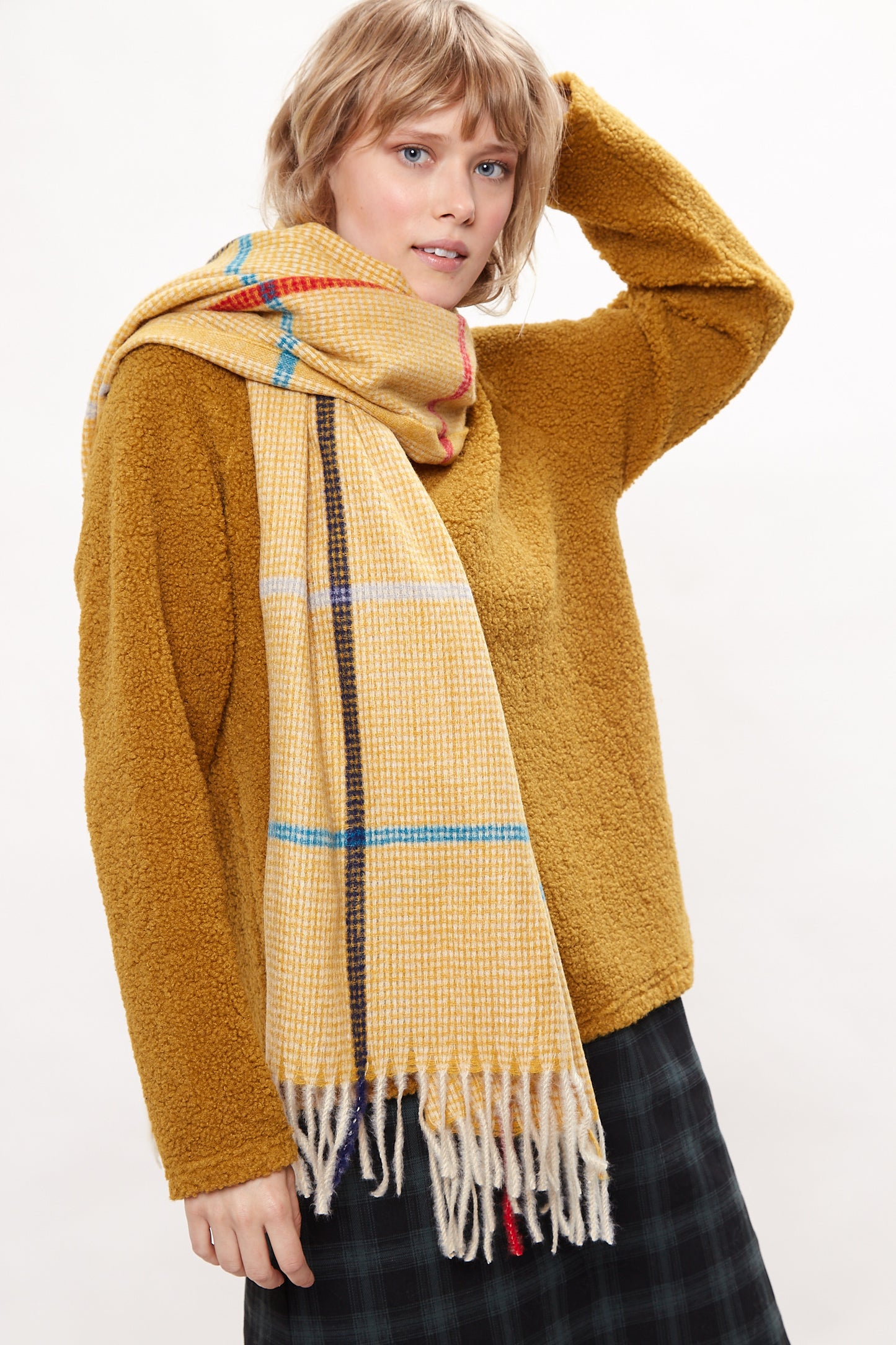 Louche Aoife Fluffy Warm Handle Woven Check Scarf With Tassels - Mustard