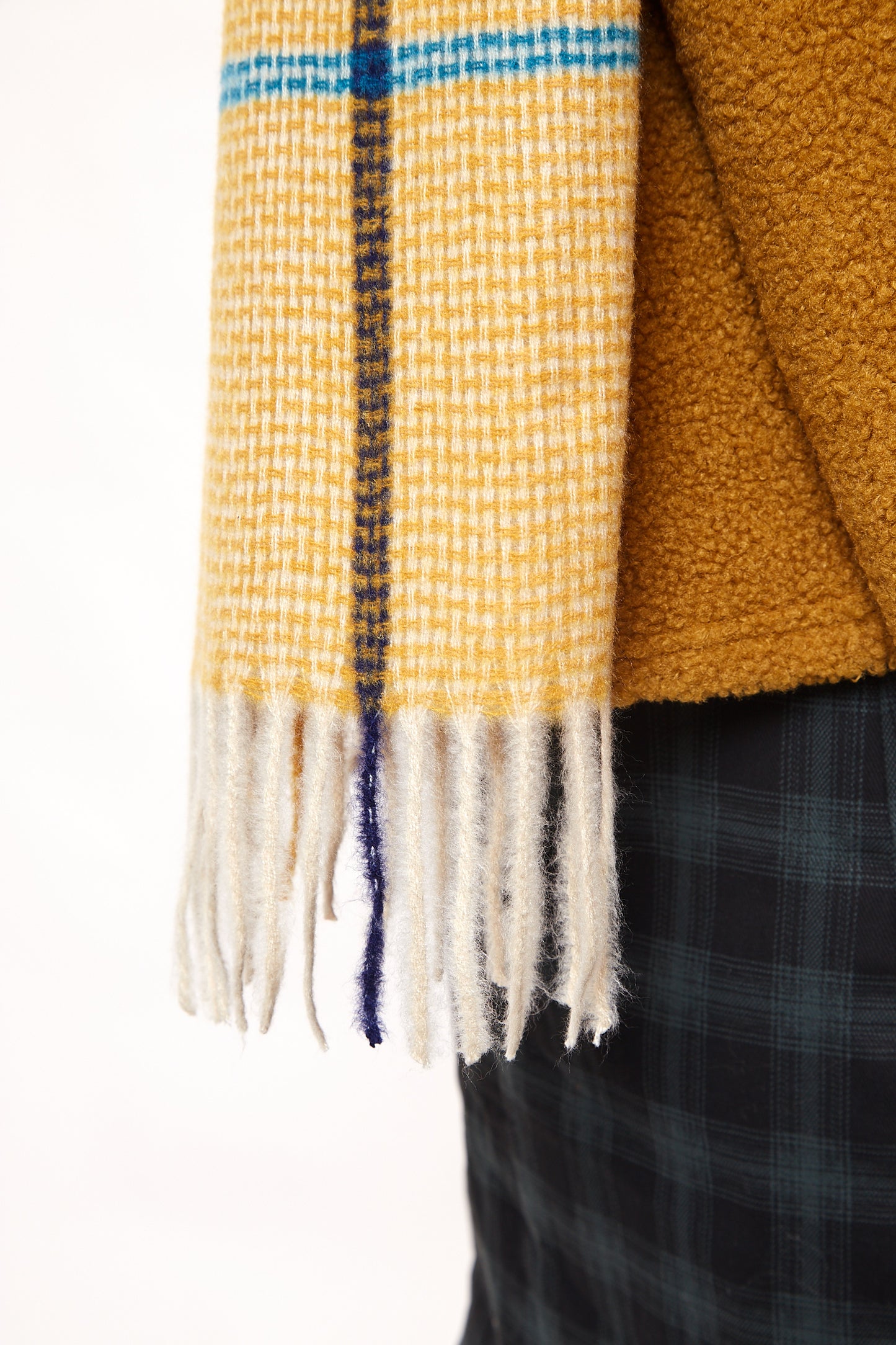 Louche Aoife Fluffy Warm Handle Woven Check Scarf With Tassels - Mustard