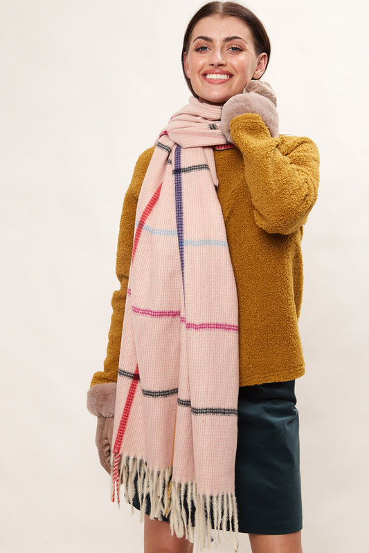 Louche Aoife Fluffy Warm Handle Woven Check Scarf With Tassels - Pink
