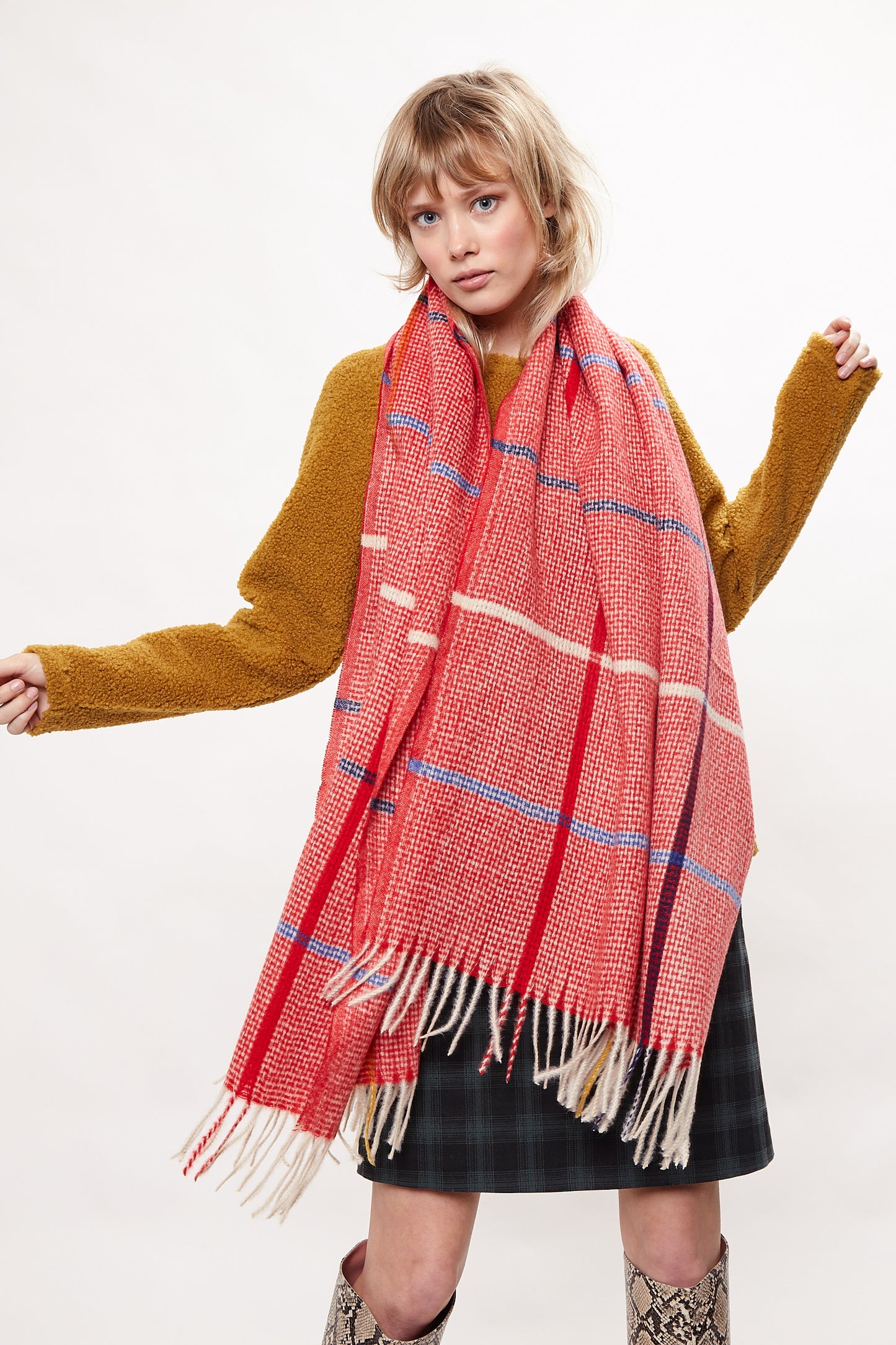 Louche Aoife Fluffy Warm Handle Woven Check Scarf With Tassels - Red