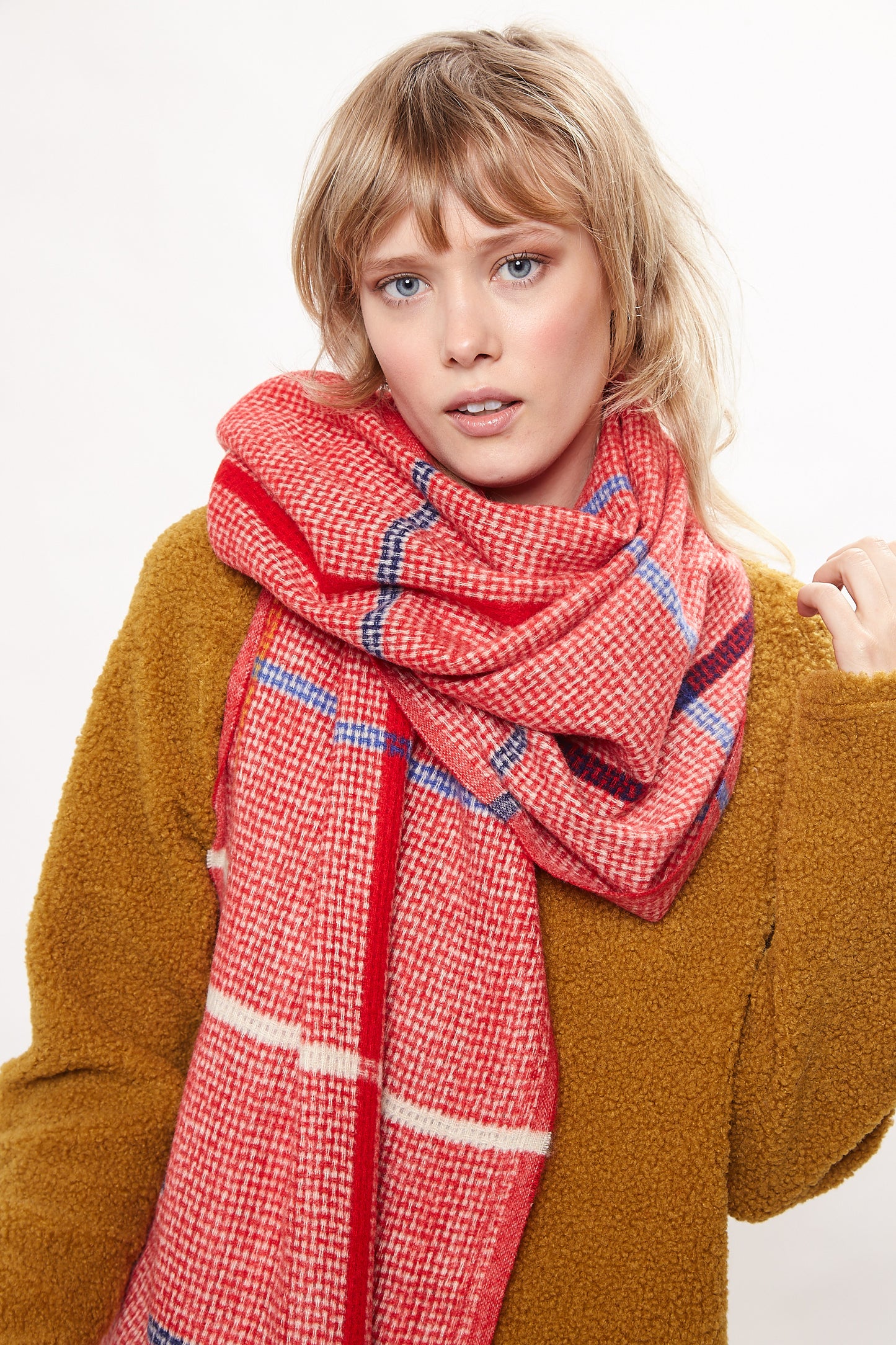 Louche Aoife Fluffy Warm Handle Woven Check Scarf With Tassels - Red