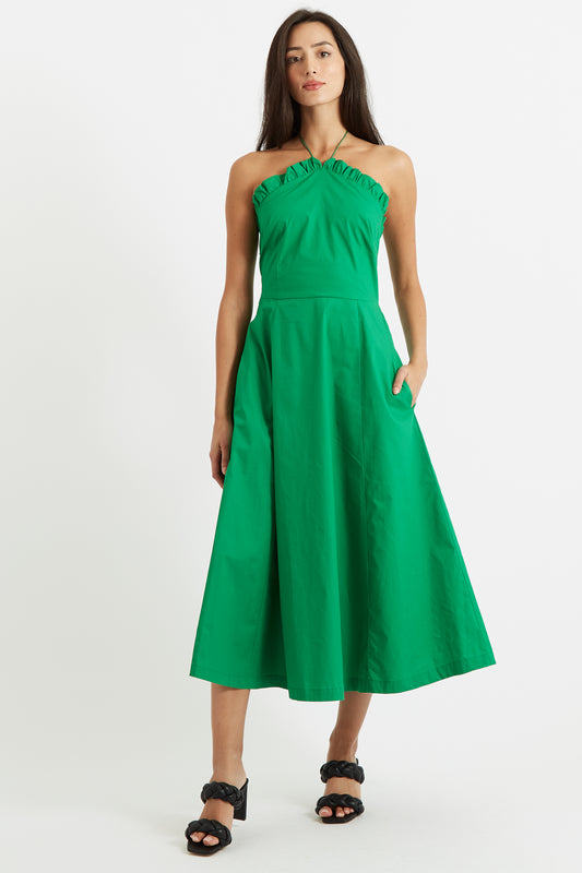 Aria Poplin Green Halter Neck Midi Dress