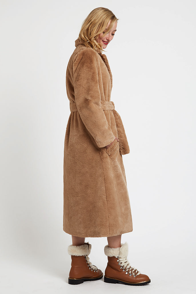 Arinette Faux Fur Tie Waist Midi Coat - Camel