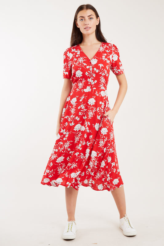 Louche Avril Carnation Print Short Sleeve Midi Tea Dress - Red