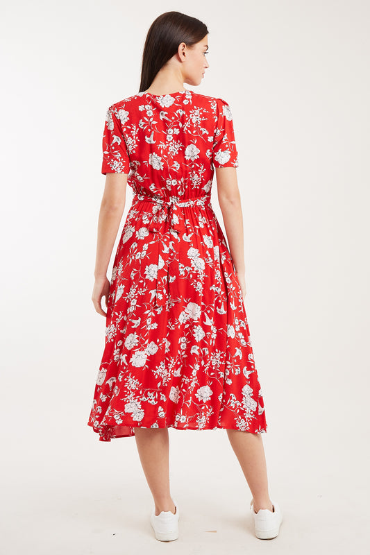 Louche Avril Carnation Print Short Sleeve Midi Tea Dress - Red