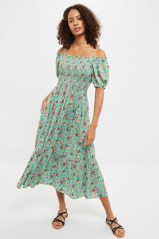 Louche Babette Flower Show Print Shirred Bodice Short Sleeve Midi Dress