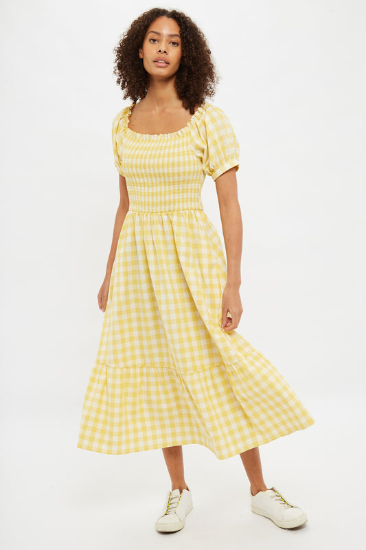 Louche Babette Picnic Check Shirred Bodice Midi Dress