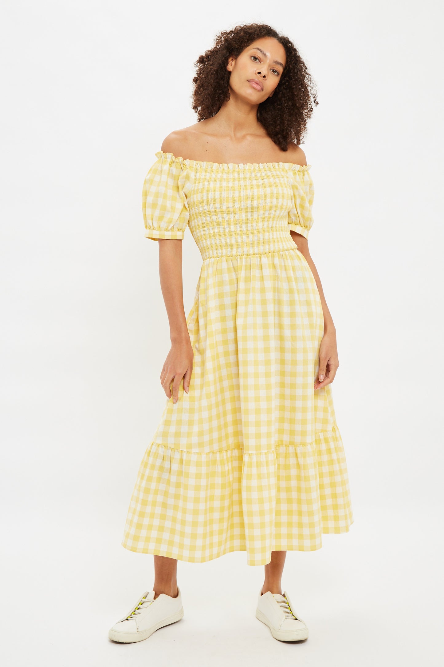 Louche Babette Picnic Check Shirred Bodice Midi Dress