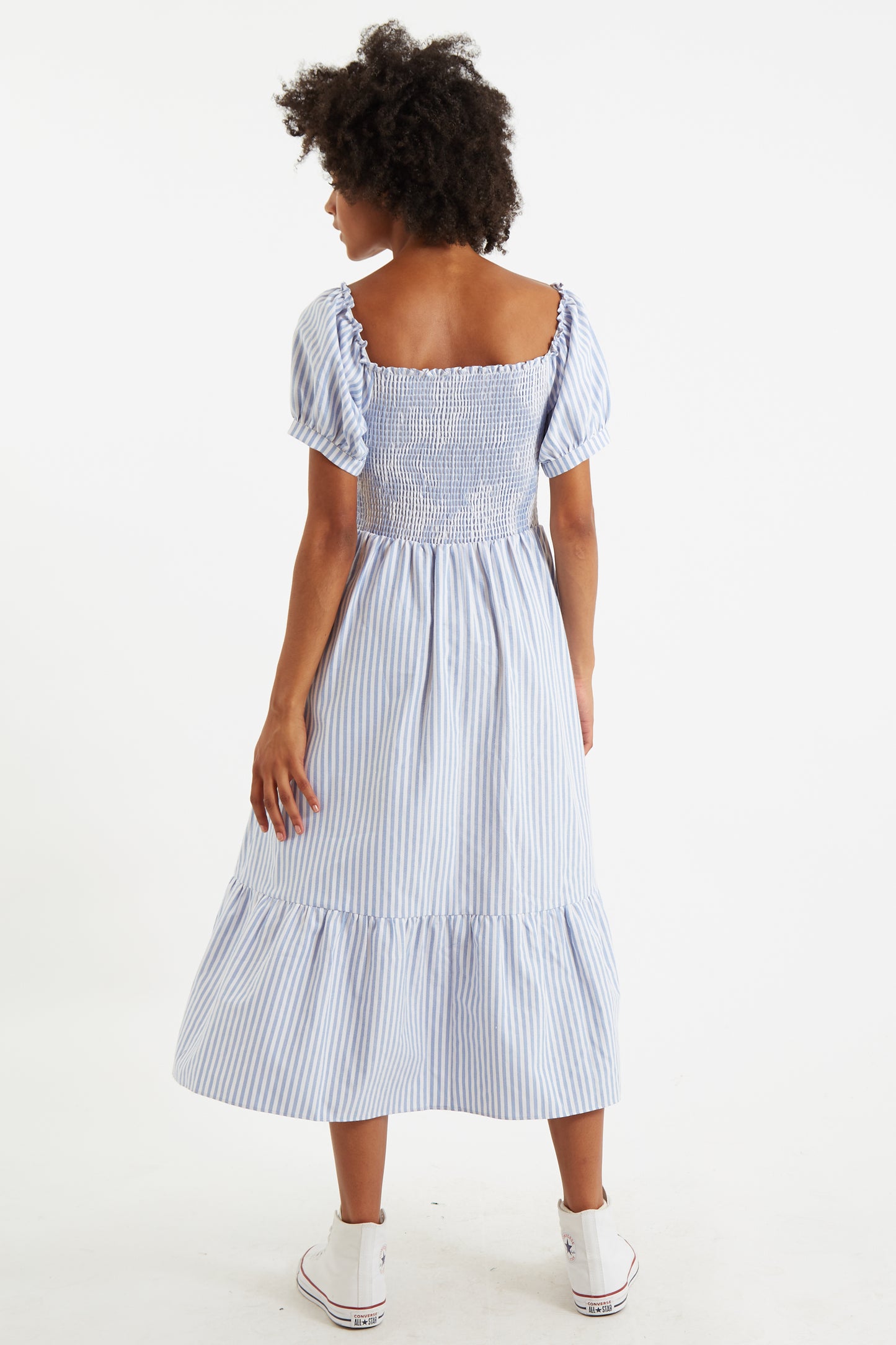 Babette Sail Stripe Shirred Bodice Midi Dress Blue