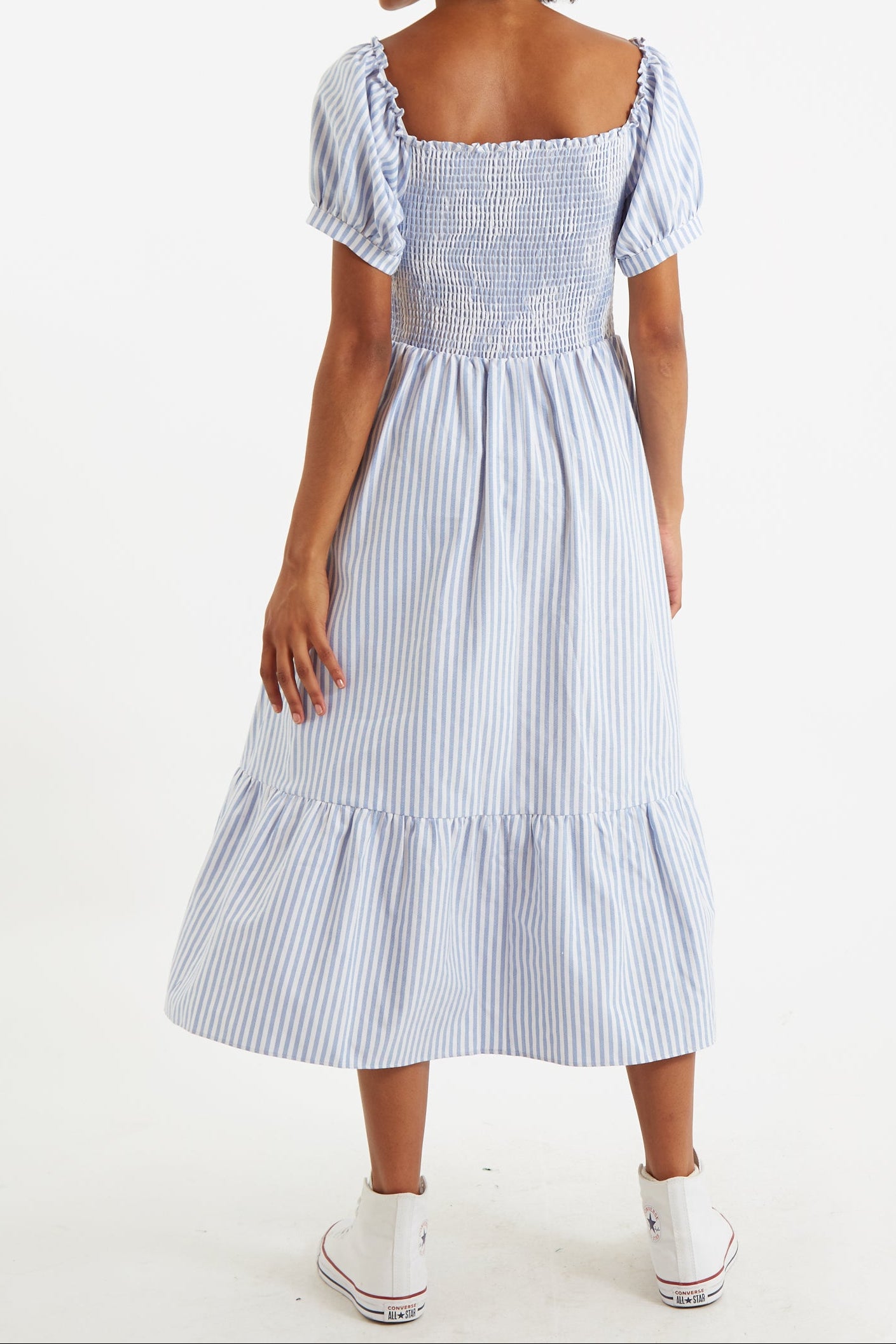 Babette Sail Stripe Shirred Bodice Midi Dress Blue