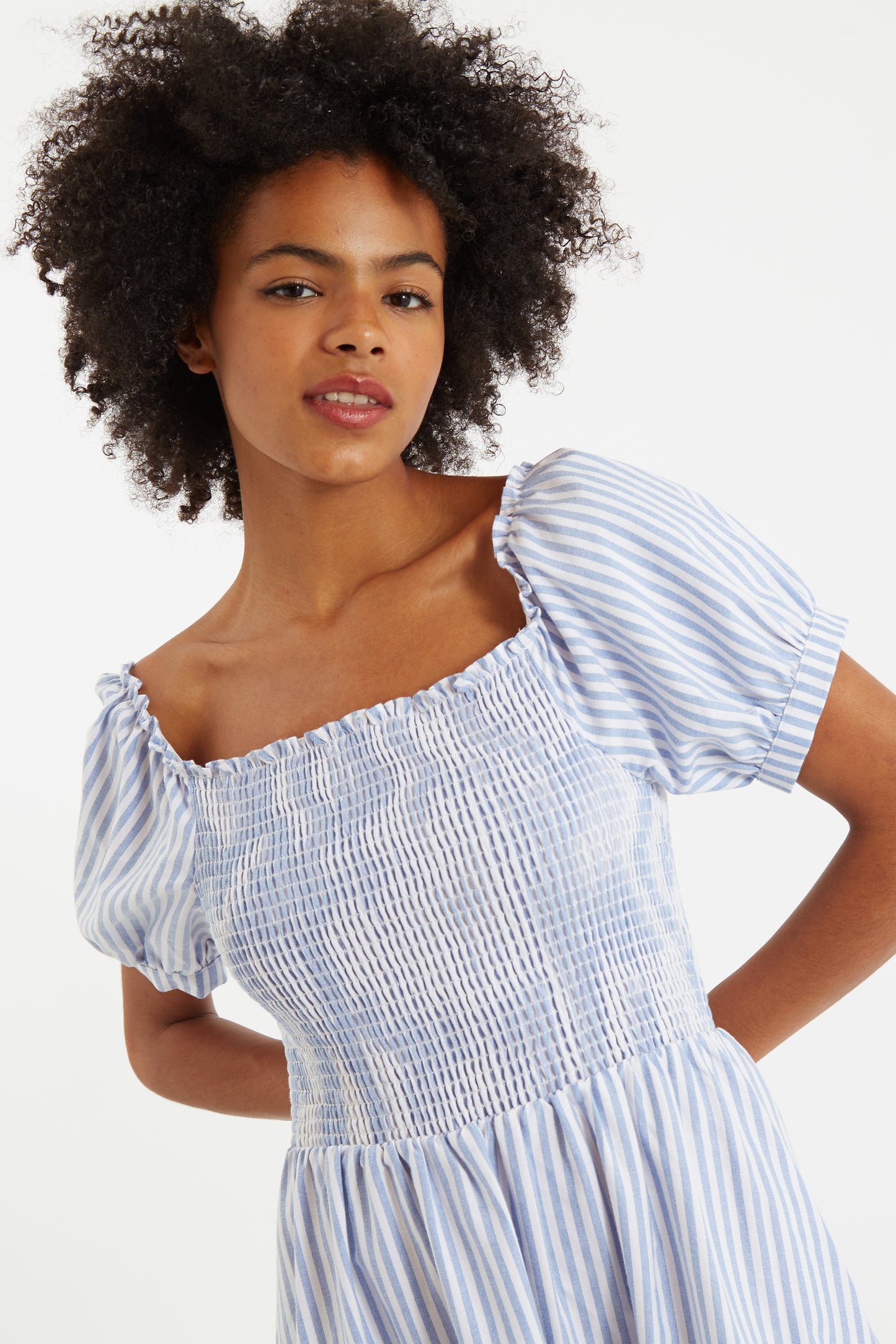 Babette Sail Stripe Shirred Bodice Midi Dress Blue