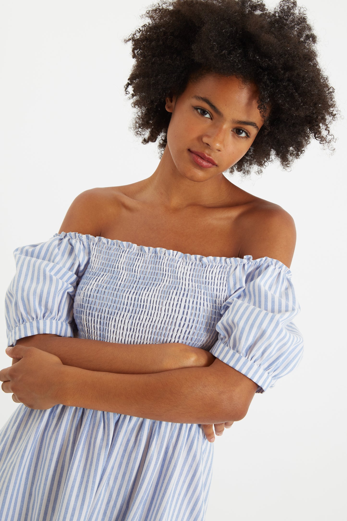 Babette Sail Stripe Shirred Bodice Midi Dress Blue