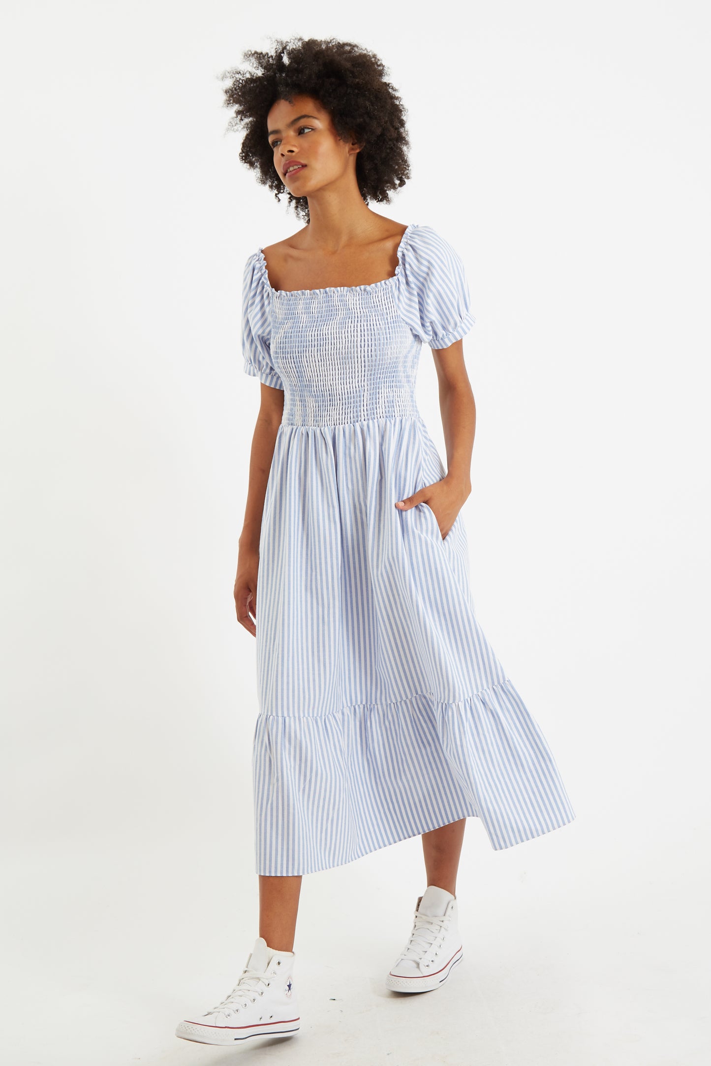 Babette Sail Stripe Shirred Bodice Midi Dress Blue