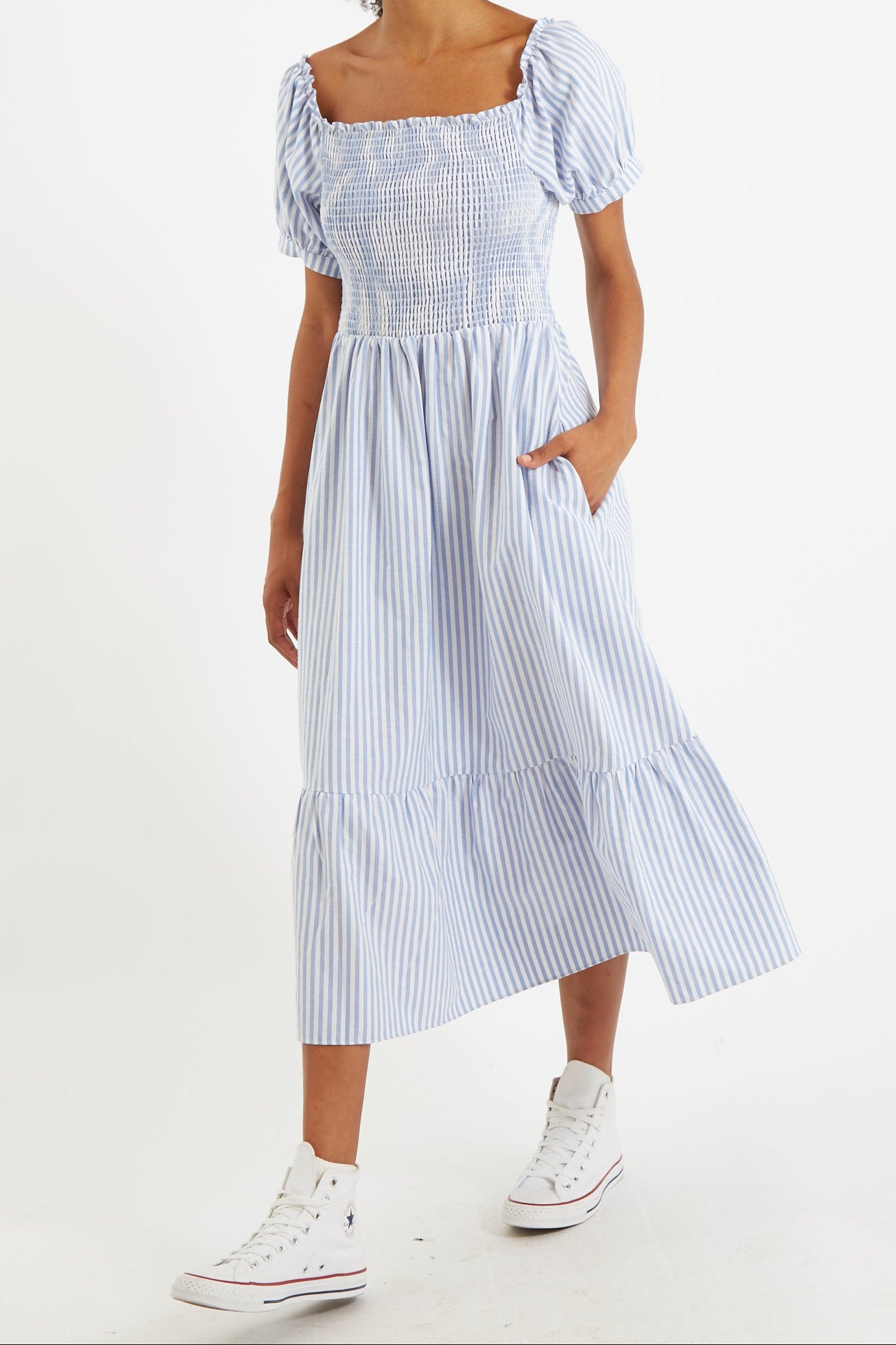 Babette Sail Stripe Shirred Bodice Midi Dress Blue - Detail 1