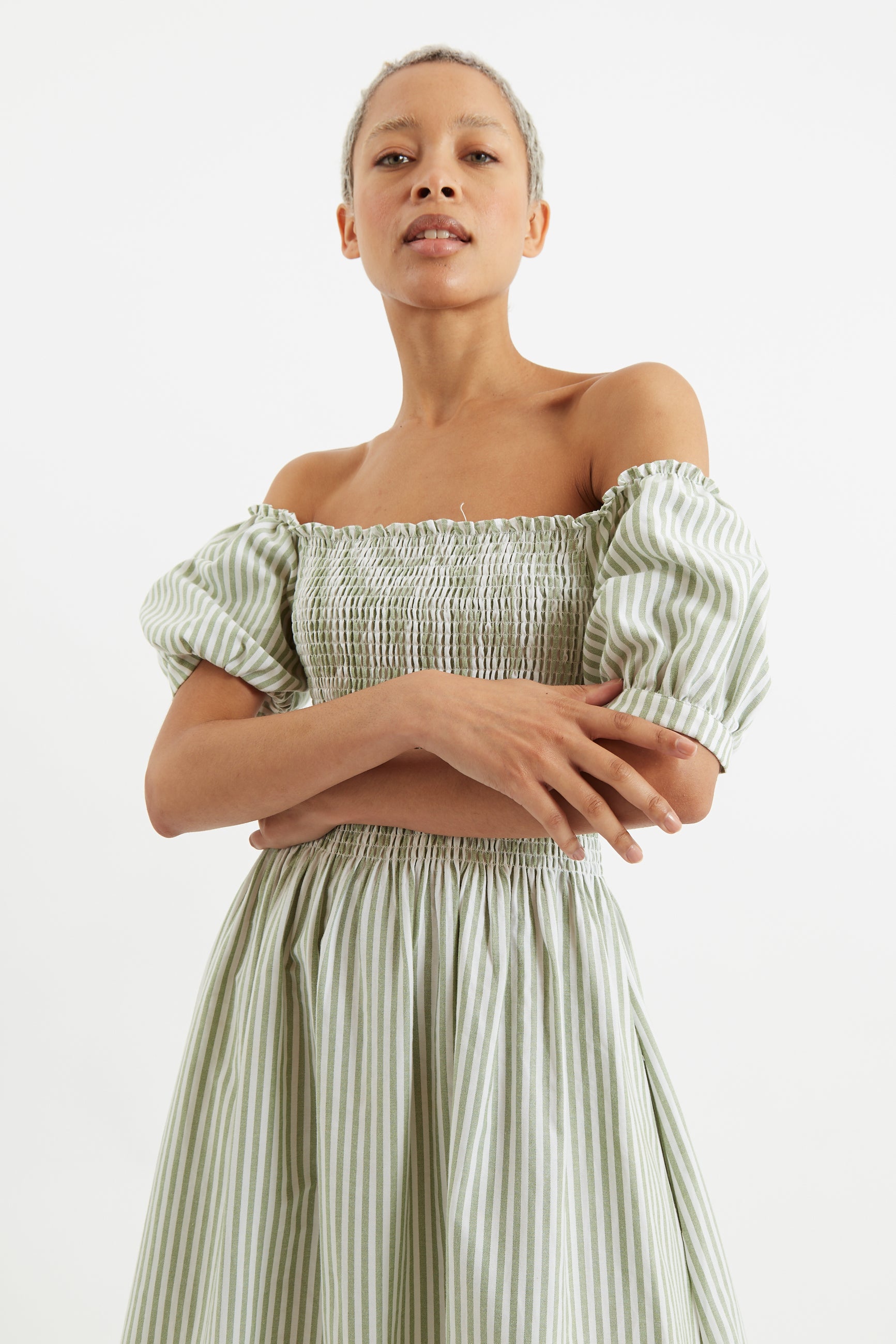 Babette Sail Stripe Shirred Bodice Midi Dress Green - Detail 1